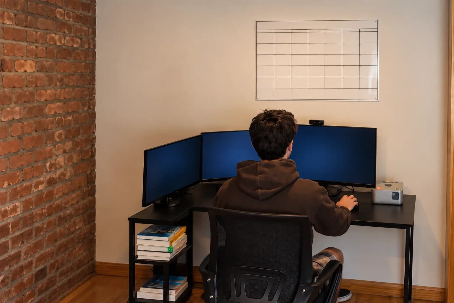 Ethan working at his desk, photographed from behind